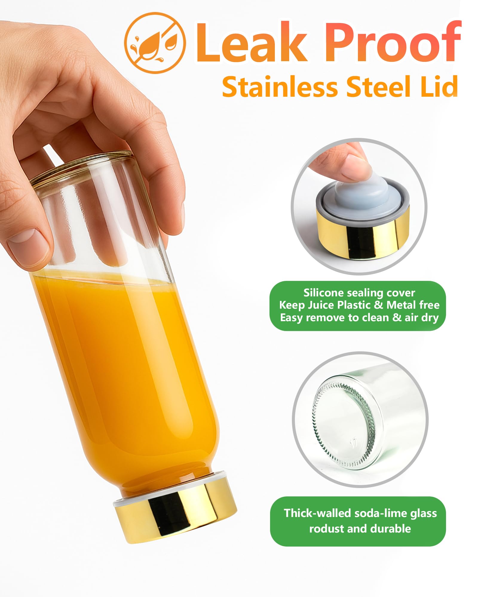 Zukro 10.5 oz Glass Juice Bottles with Stainless Steel Lids, Leak Proof