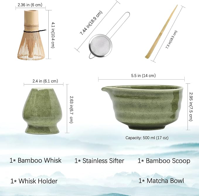 Matcha Whisk Set, Matcha Bowl with Spout, Matcha Whisk and Holder, Bamboo Matcha Scoop and Stainless Sifter - 5 Pcs Jade Green Matcha Kit for Matcha Lover