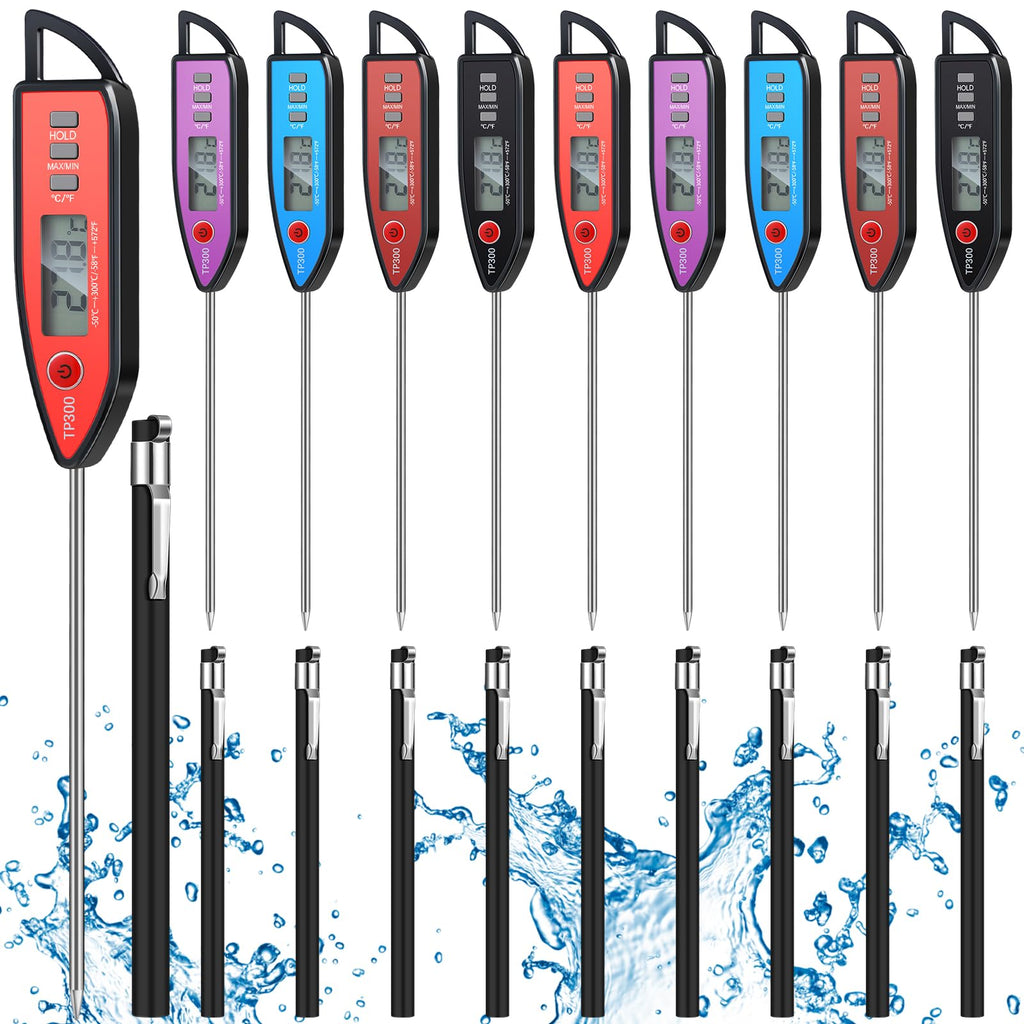 Copkim 10 Set Waterproof Food Thermometer for Water, Liquid, Candle and Cooking Digital Meat Thermometer with Long Probe Instant Read for Kitchen BBQ Grill Candy (Black)