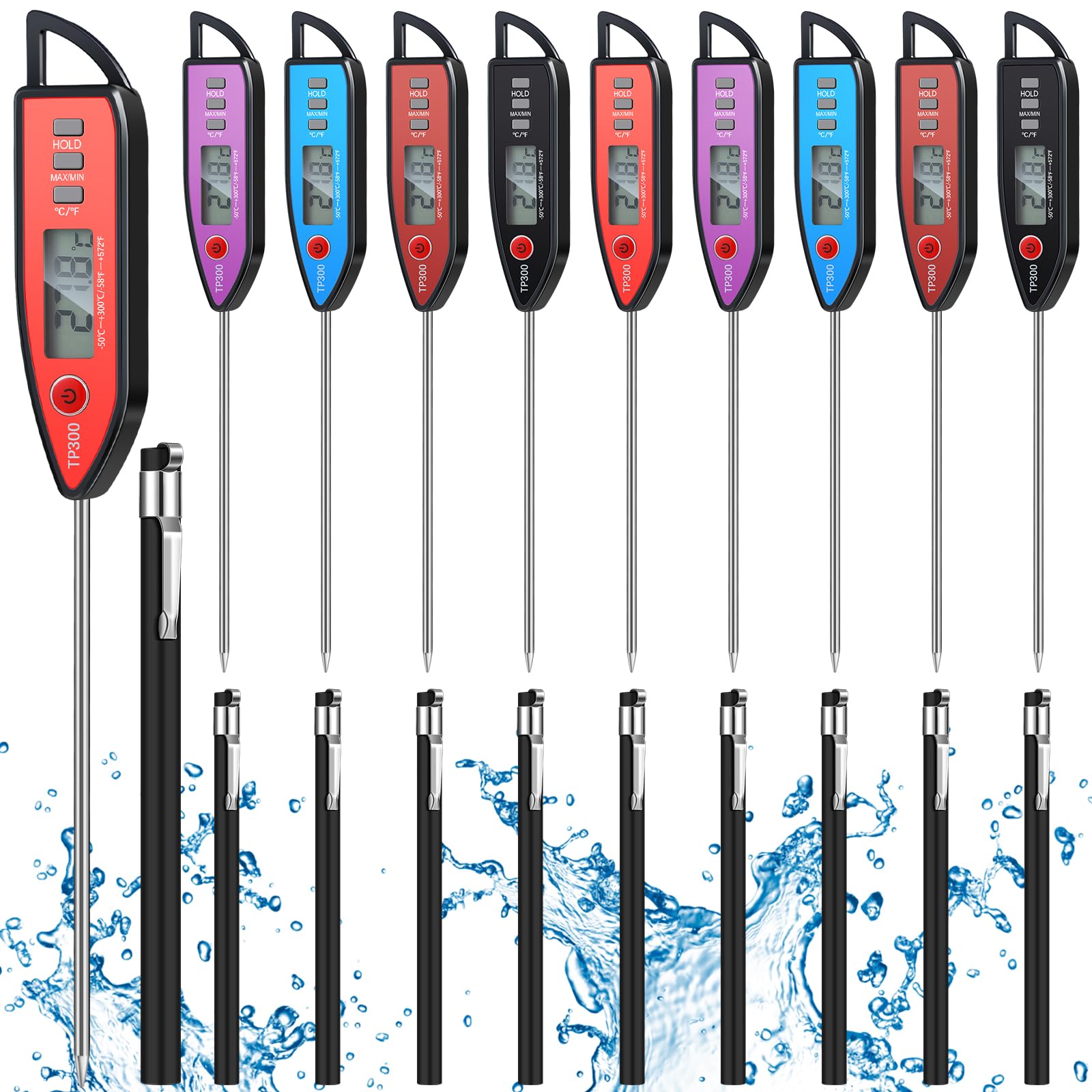 Copkim 10 Set Waterproof Food Thermometer for Water, Liquid, Candle and Cooking Digital Meat Thermometer with Long Probe Instant Read for Kitchen BBQ Grill Candy (Black)