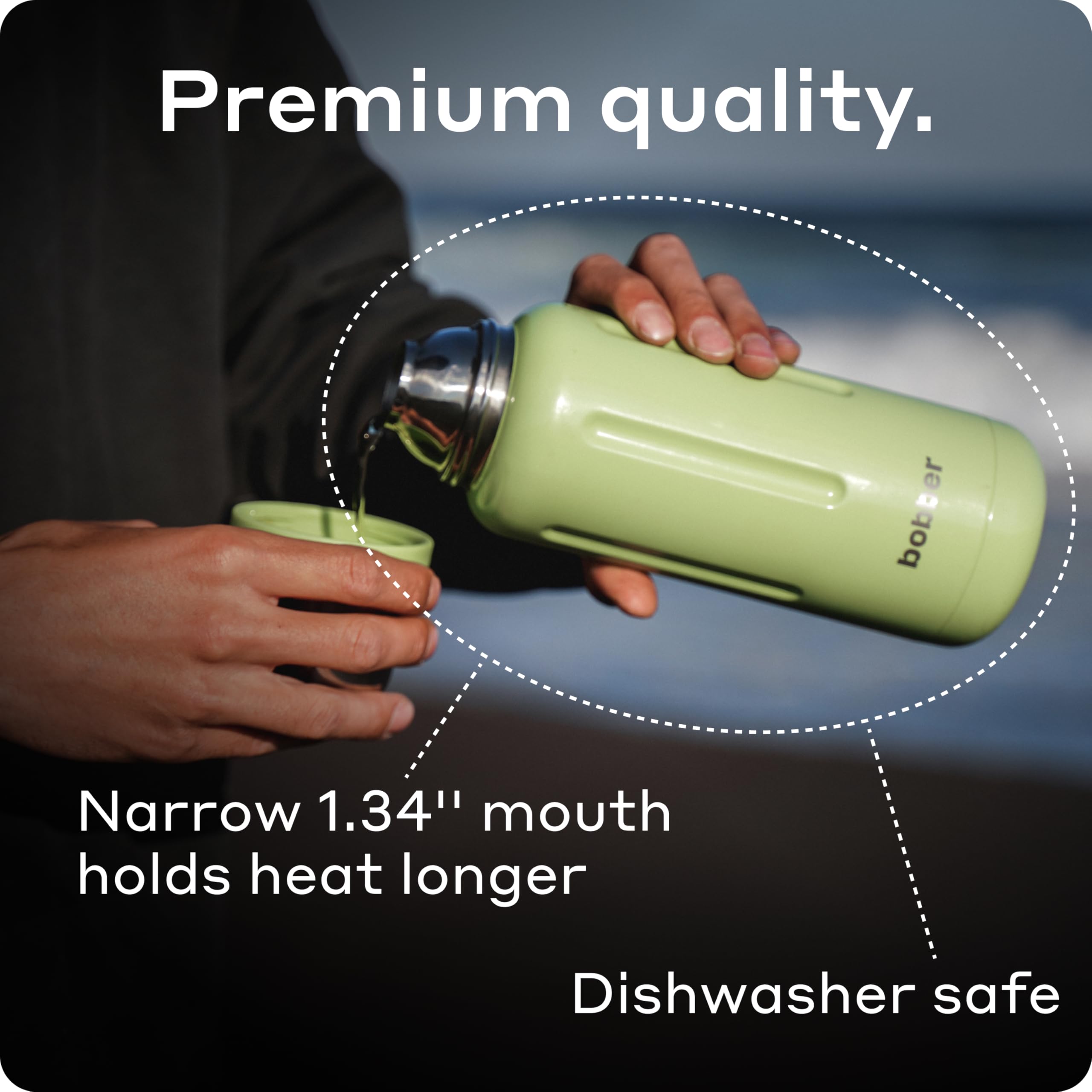 BOBBER 34 oz / 1 Liter Stainless Steel Travel Thermo Flask for Hot and Cold Drinks – Dishwasher Safe Metal Water Bottle with Cup Lid – Keeps Hot for 48 Hours – BPA-Free, Vacuum Insulated (Mint Cooler)