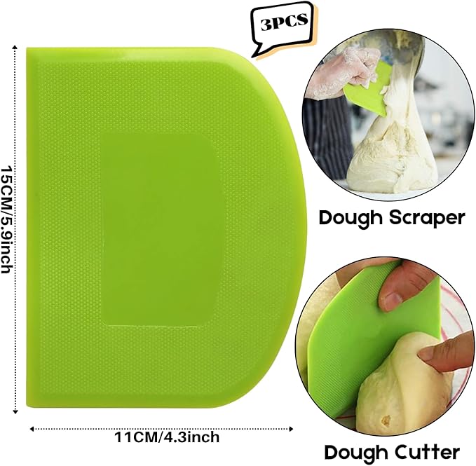 SURDOCA Dough Scraper Bench Scraper - 3P 5.9x4.3" Plastic Flexible Bowl Scraper, Sharp Edge & Angles Cake Scraper. Non-Slip Bakeware Decorating Tools Sculpting & Modeling Tools - Yellow+White+Blue