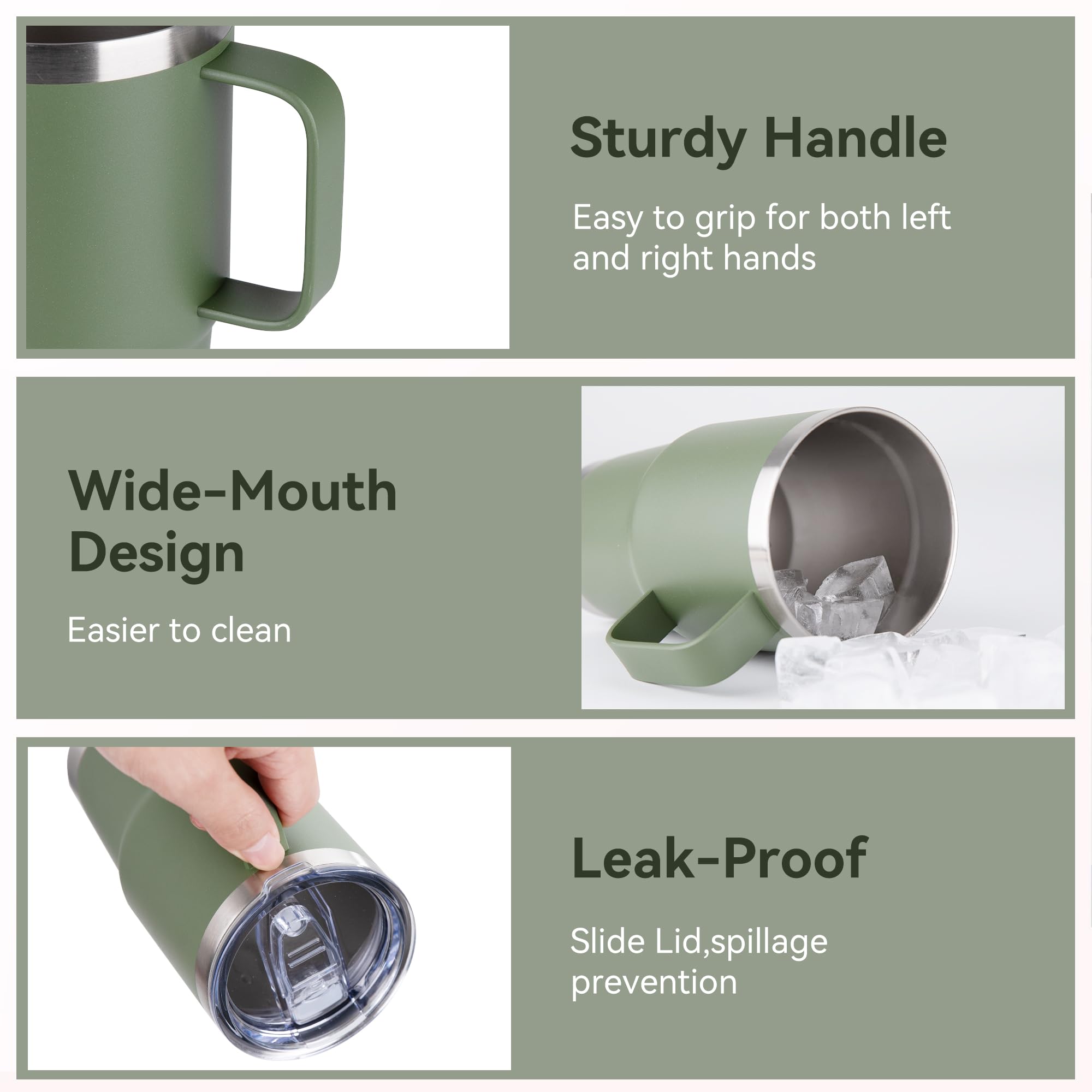 20oz Tumbler with Lid, Stainless Steel Tumbler with Handle, Metal Insulated Travel Coffee Mug with Handle, Double Wall Vacuum Spill Proof Tumbler Cup, Amy Green 1 Pack
