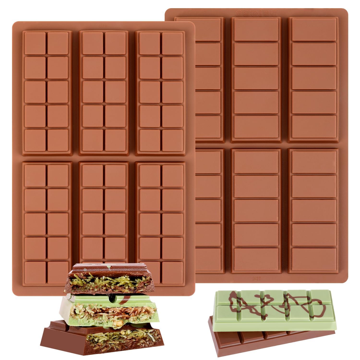 Fimary Chocolate Bar Mold - Non-Stick Silicone Chocolate Molds, Food Grade Dubai Deep Chocolate Bar Mold for Milk Pistachio - Set of 2