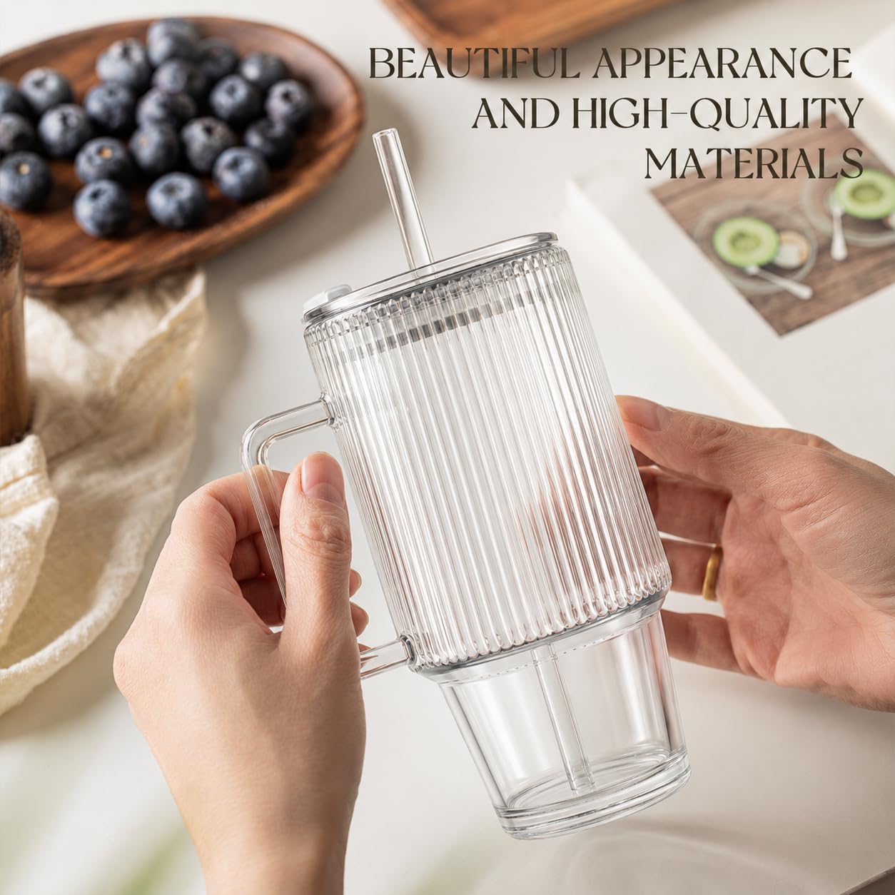 KEMORELA 24 Oz Ribbed Glass Tumblers with Lids and Straws, Tumbler Cup with Handle, Iced Coffee Glassware, Clear Reusable Drinkware for Smoothies and Beverages (1)