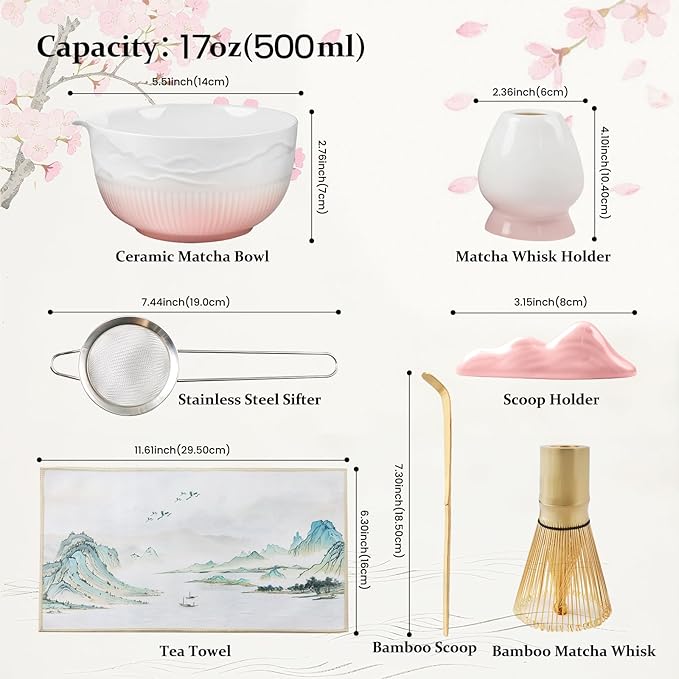 Matcha Whisk Set 7 PCS Pink Matcha Whisk Set Japanese Matcha Tea Set with Ceramic Bowl Bamboo Chasen Whisk Holder Spoon Stainless Steel Strainer Matcha Kit for Matcha Lovers