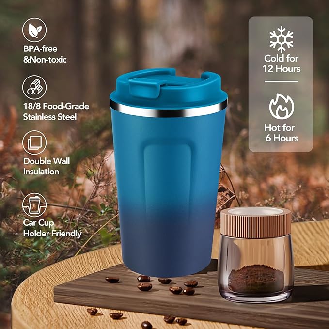 Volhoply 12 oz Double Wall Insulated Vacuum Travel Coffee Mugs with Flip Lid Bulk 2 Pack,Reusable Stainless Steel Leak Proof Coffee Cup,Portable Thermal Tumbler for Cold & Hot Drinks(Dark Night,2 Set)