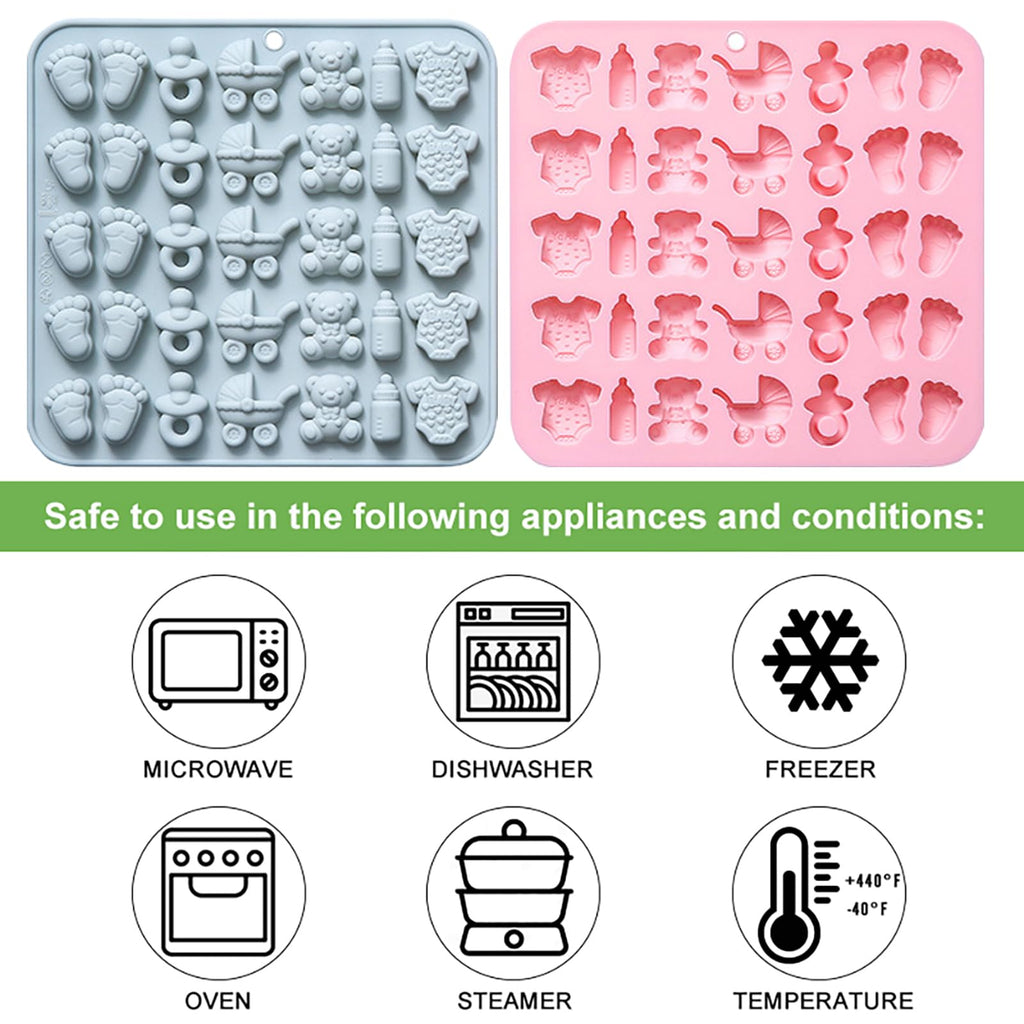 Baby Chocolate Mold Set Silicone Baking Molds with Footprint, Stroller, Reusable for Newborn Cakes, Diaper Party Treats Baby Favors - 2 Pack