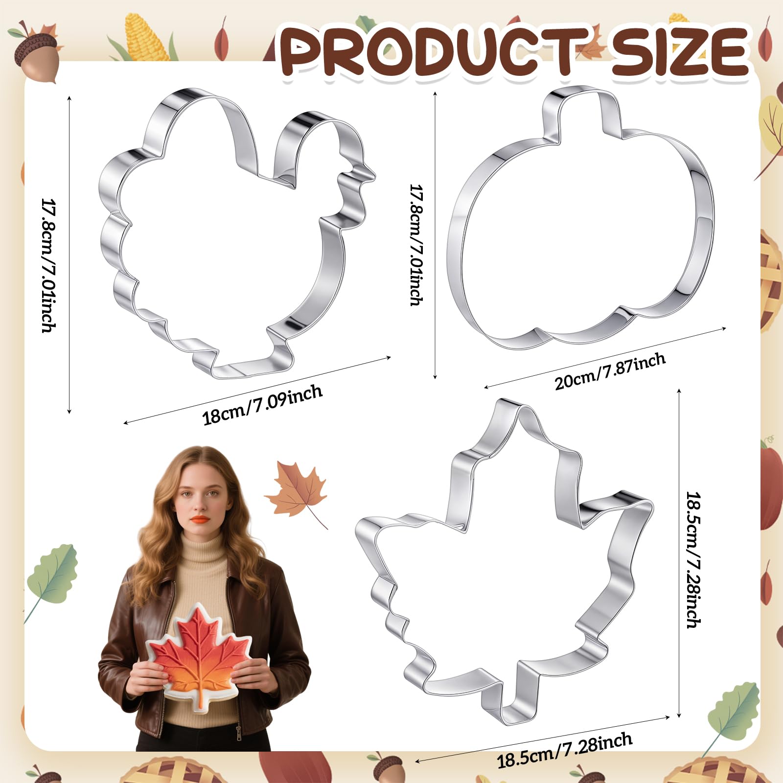 Teenyyou 3 Pcs 8 Inch Thanksgiving Turkey Cookie Cutters Set Extra Large Stainless Steel Fall Thanksgiving Pumpkin Maple Leaves Turkey Biscuit Cookie Cutter Mold for Baking Party Kitchen Accessory