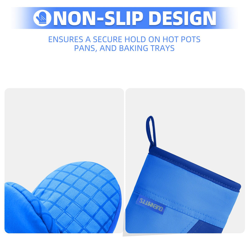 Mini Oven Mitts, Kitchen Oven Gloves Kitchen Mittens 500 Degrees Heat Resistant Baking Gloves, Non-Slip Silicone Surface with Hanging Loops Hot Gloves for Cooking, Baking, BBQ 1 Pair-Blue