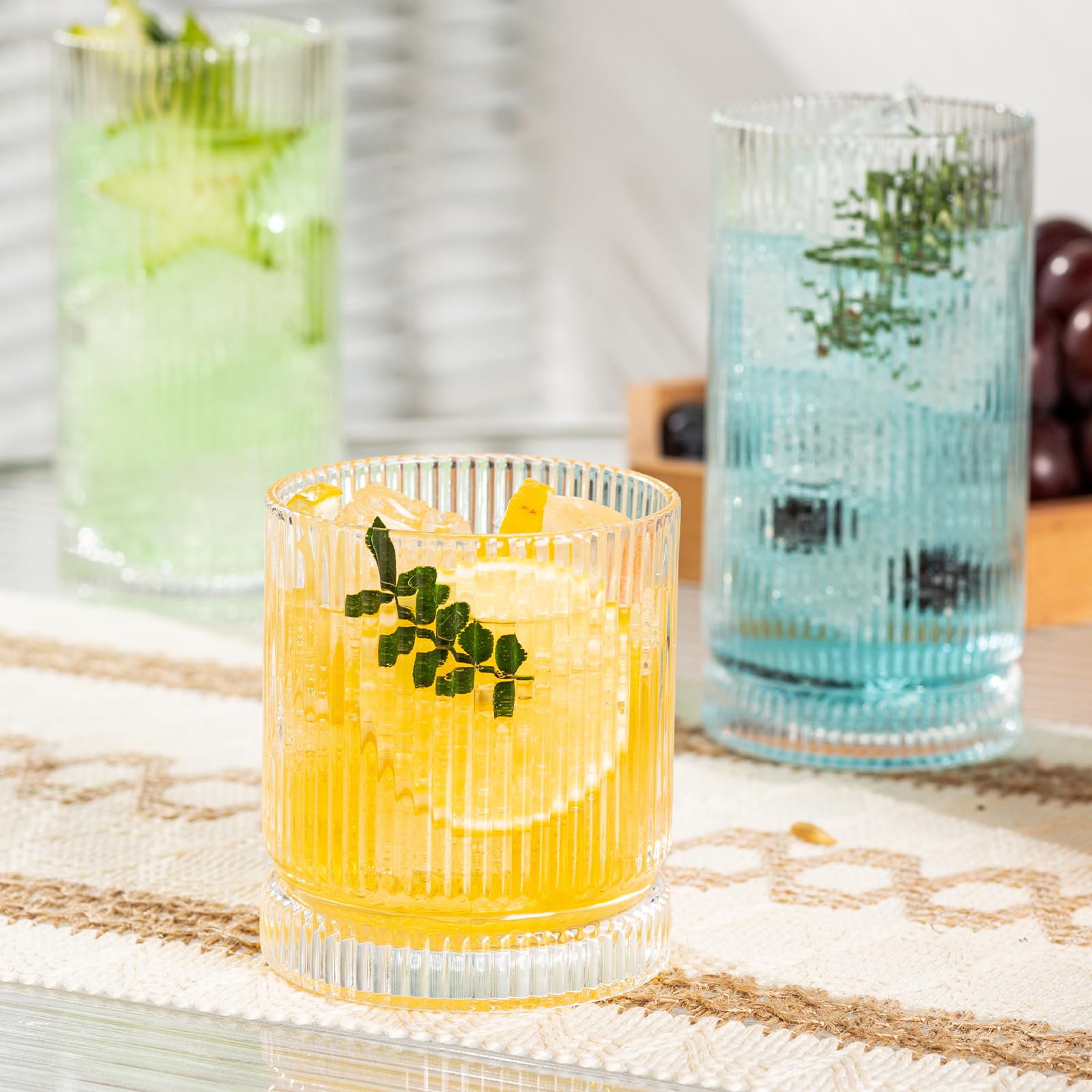 POLIDREAM Ribbed Glass Cups Set, 390ml Vintage Drinking Glassware Set of 4, Cocktail Glasses, Low Ball Ribbed Glassware, Mixed Glassware Set, Premium Whiskey Glasses, Ideal for House of Glass