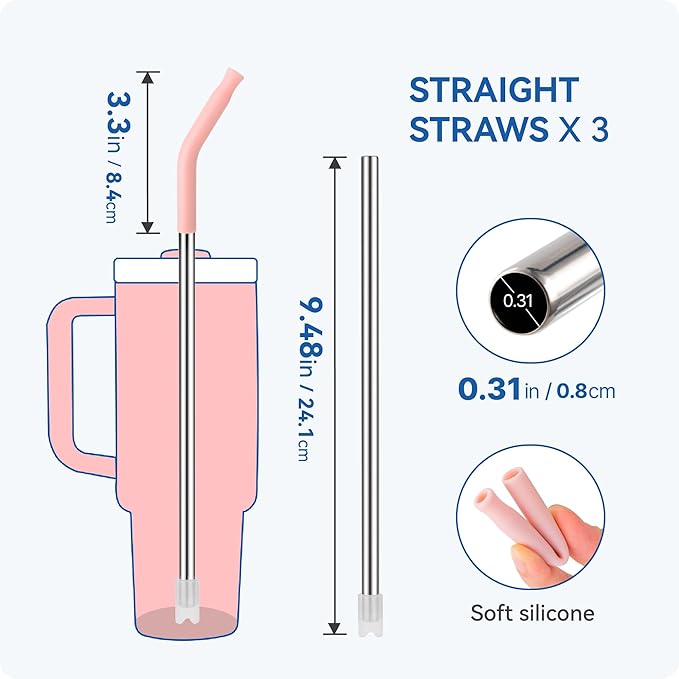 Reusable Metal Straws with Silicone Tip for Stanley 30oz,Stainless Steel Drinking Straws for 30oz Tumbler,3 Straight Tubes & 6 Tips& 1 Cleanr Brush (Cream)