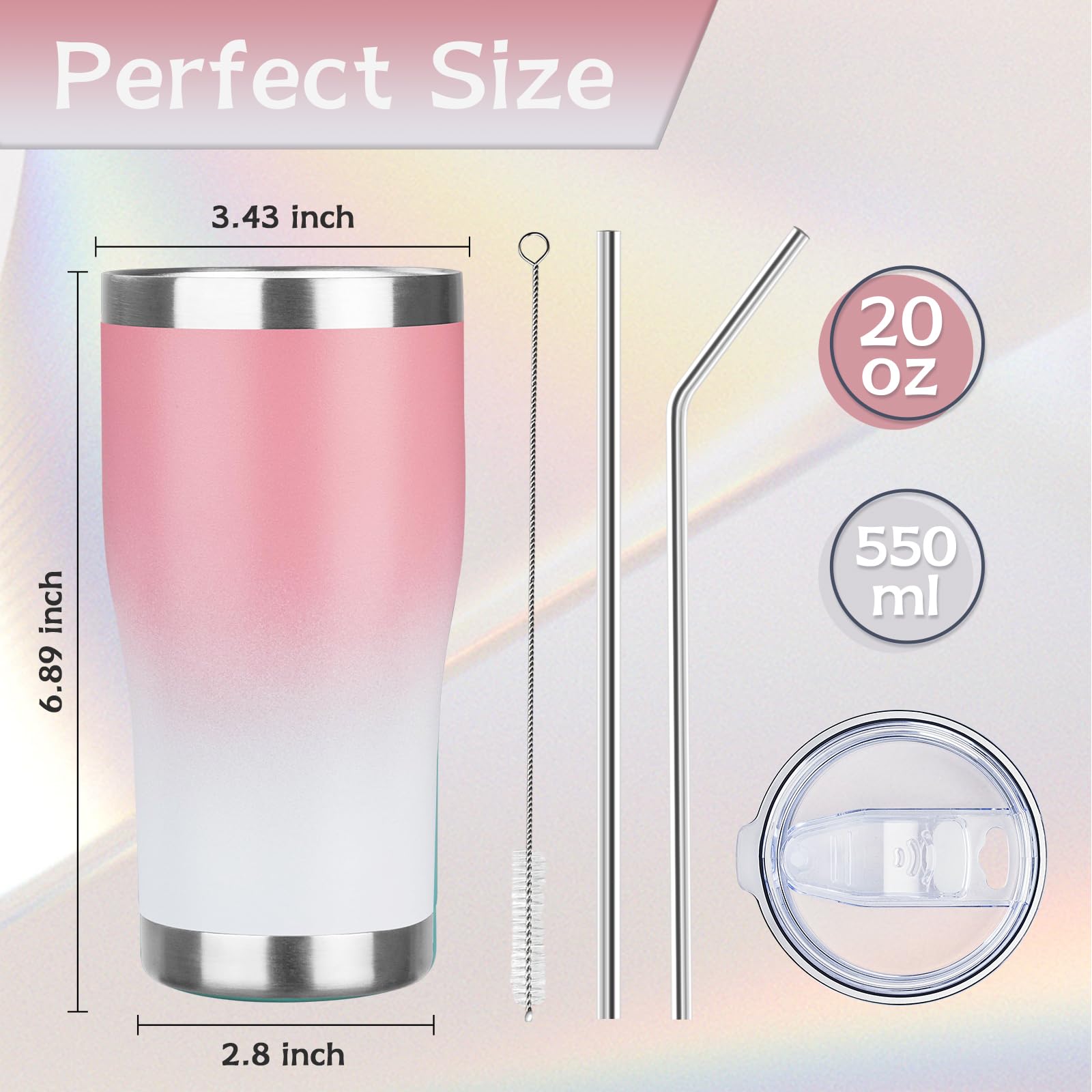 MEZMUT 20oz Insulated Tumbler with Lid Straw Travel Coffee Mug (Pink/White)