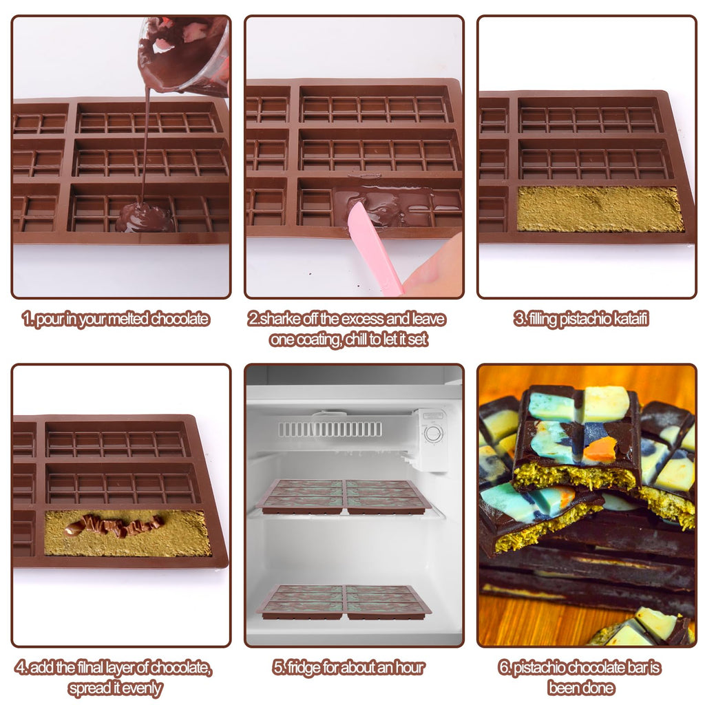 Mity rain Chocolate Bar Mold Deep, Silicone Thick Chocolate Bar Mold for Stuffed Bar, Square Knafeh Pistachio Chocolate Bar Break Apart Candy Bar Molds with 100pcs Storage Bags