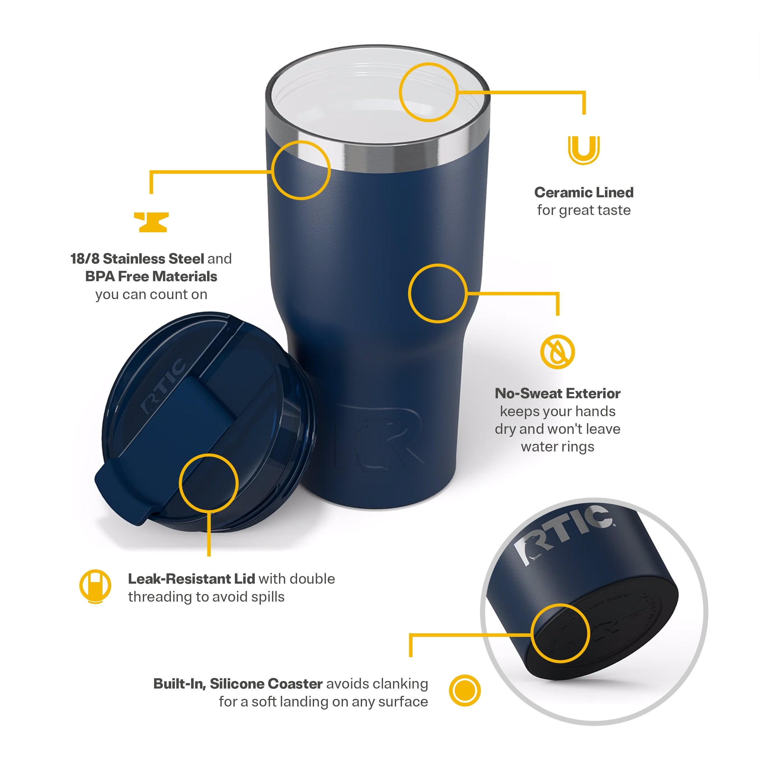 RTIC 20oz Essential Tumbler with Lid, Ceramic Lined, Navy