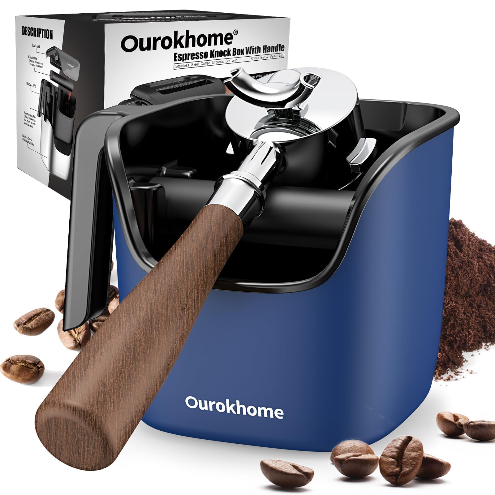 Ourokhome Espresso Knock Box with Lid, Compact Coffee Grounds Container for Home Coffee Bar, Removable Knock Bar, 304 Stainless Steel Exterior, Non-Slip Base & Handle, Easy Clean (Deep Blue)
