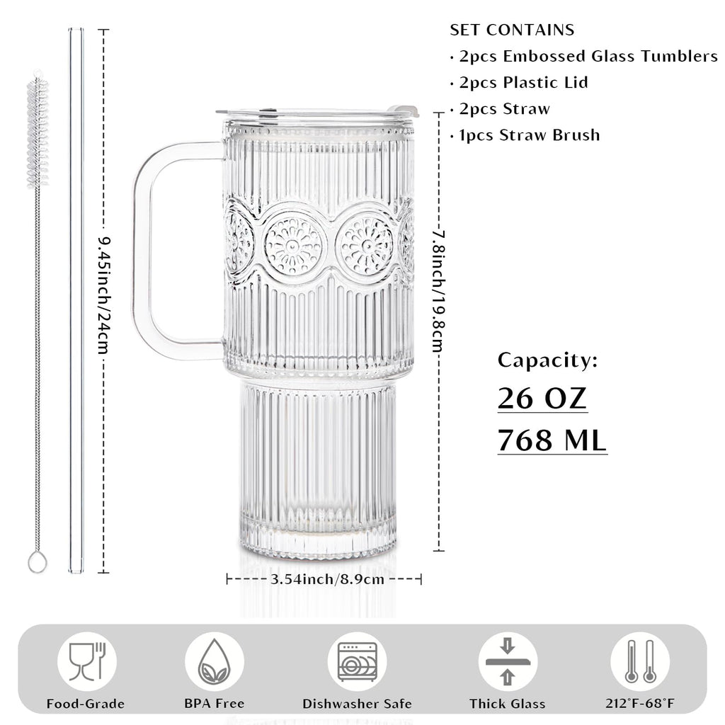 INSETLAN 24oz Ribbed & Floral Glass Tumblers with Handle and Lid, Set of 2 – Reusable Iced Coffee Cups with Straw, Glass Mugs for Water, Smoothies, Tea, and Juice – Ideal for Travel & Daily Use