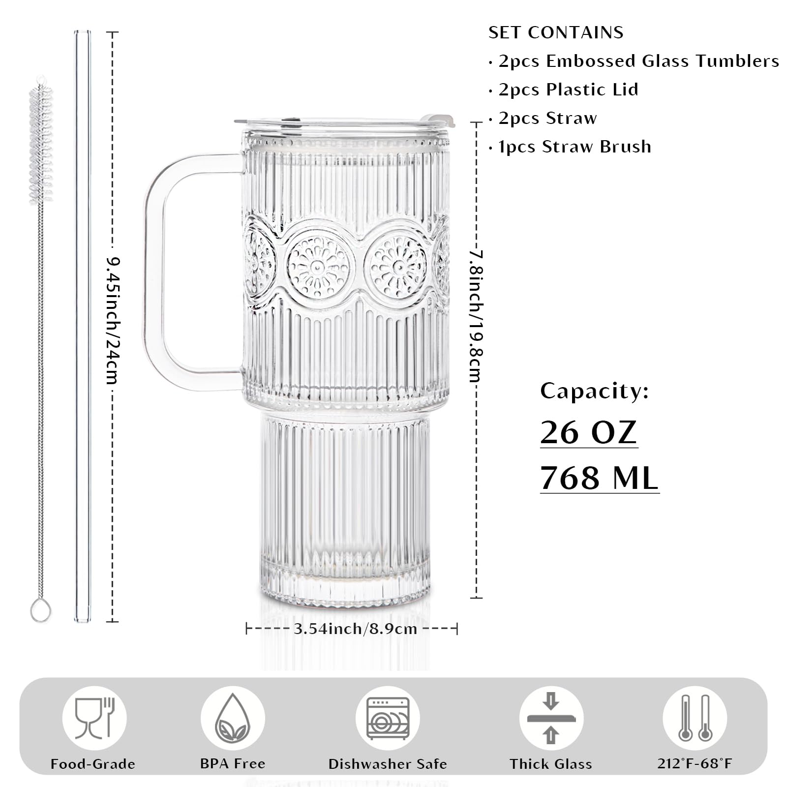 INSETLAN 24oz Ribbed & Floral Glass Tumblers with Handle and Lid, Set of 2 – Reusable Iced Coffee Cups with Straw, Glass Mugs for Water, Smoothies, Tea, and Juice – Ideal for Travel & Daily Use