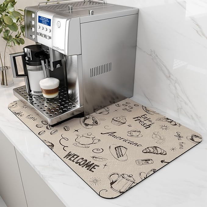 AMOAMI Coffee Mat - Hide Stain Rubber Backed Absorbent Dish Drying Mat for Kitchen Counter - Fits Under Coffee Maker - Khaki 12X19