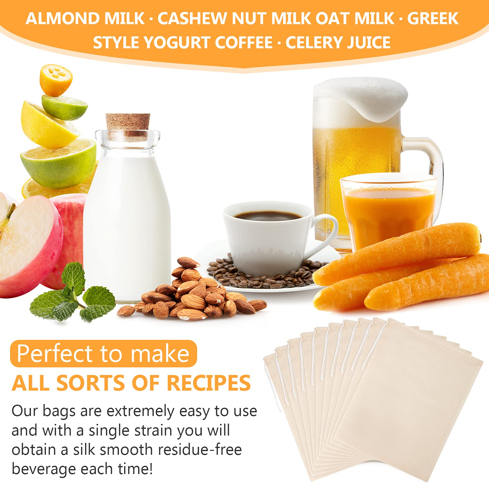 Chielor 10 Pack Nut Milk Bag, 8‘’ x 12‘’ Fine Mesh Grade Reusable Cheesecloth Bags Strainers, Unbleached Organic Cotton Filter Bags for Almond Milk, Juices, ColdBrew, Cheese, Tea, Yogurt, Coffee