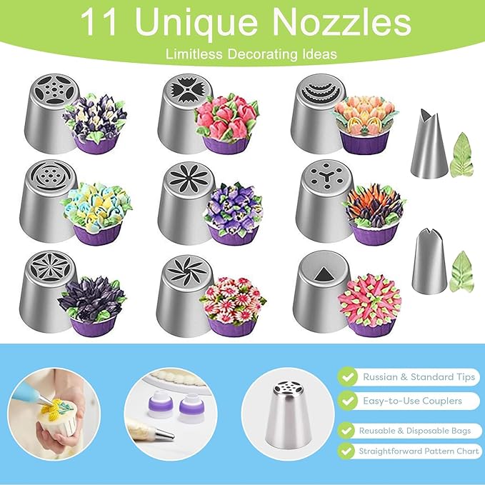 24-Piece Russian Piping Tips Set, Cake Decorating Kit with 9 Frosting Nozzles, Reusable Piping Bags, and Baking Supplies for Cupcakes, Cookies, Cakes - Ideal for Bakers & Beginners