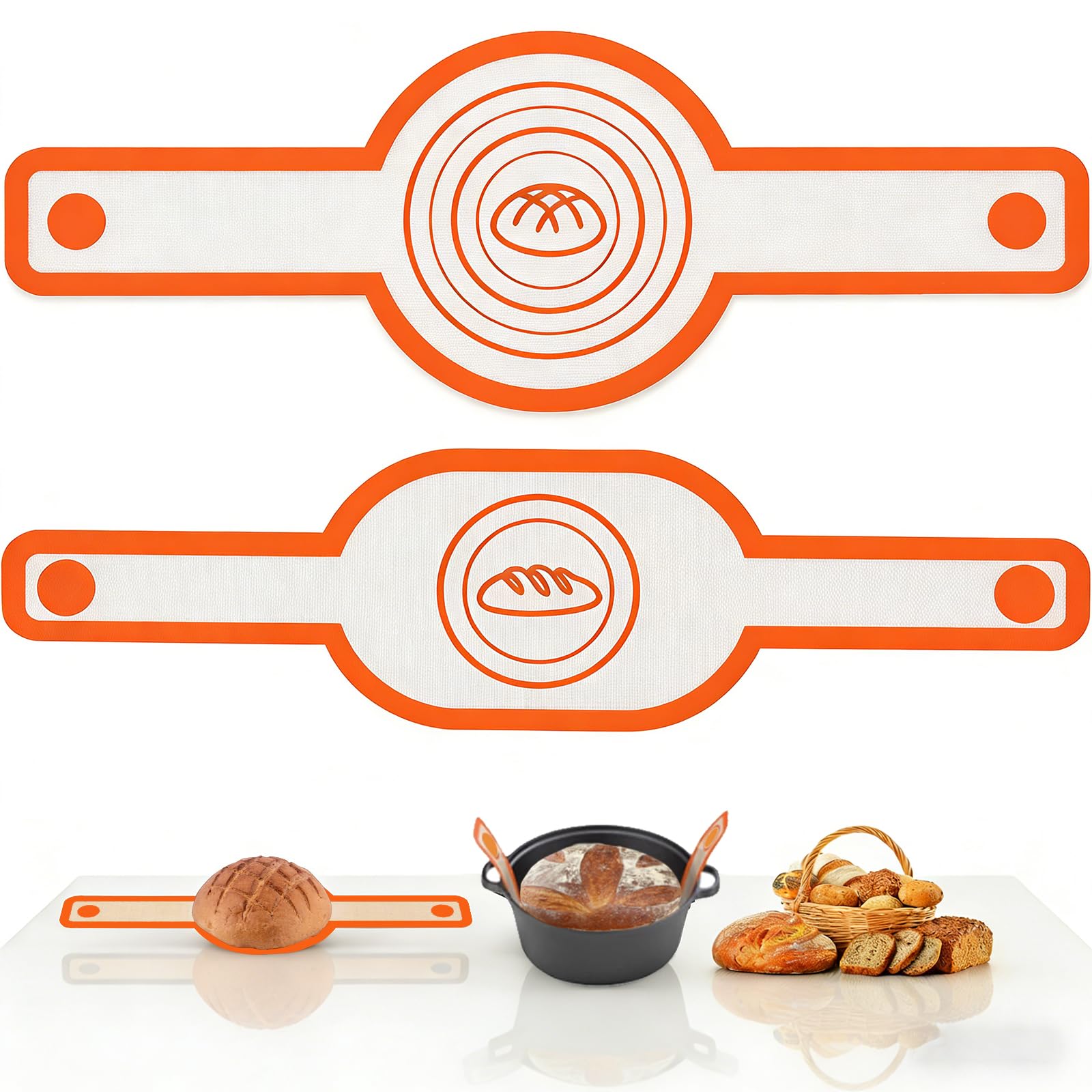 Silicone Bread Sling Oval and Round for Dutch Oven, KITMAL Non Stick Reusable Silicone Baking Mat with Long Handles Sourdough Bread Baking Supplies and Making Tools, Orange