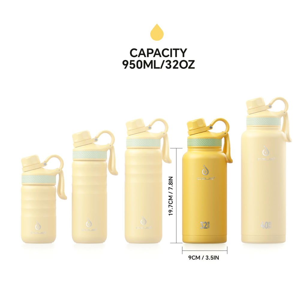 IDEUS 32oz Stainless Insulated Bottle with 2 Leak-Proof Lids, Bright Yellow