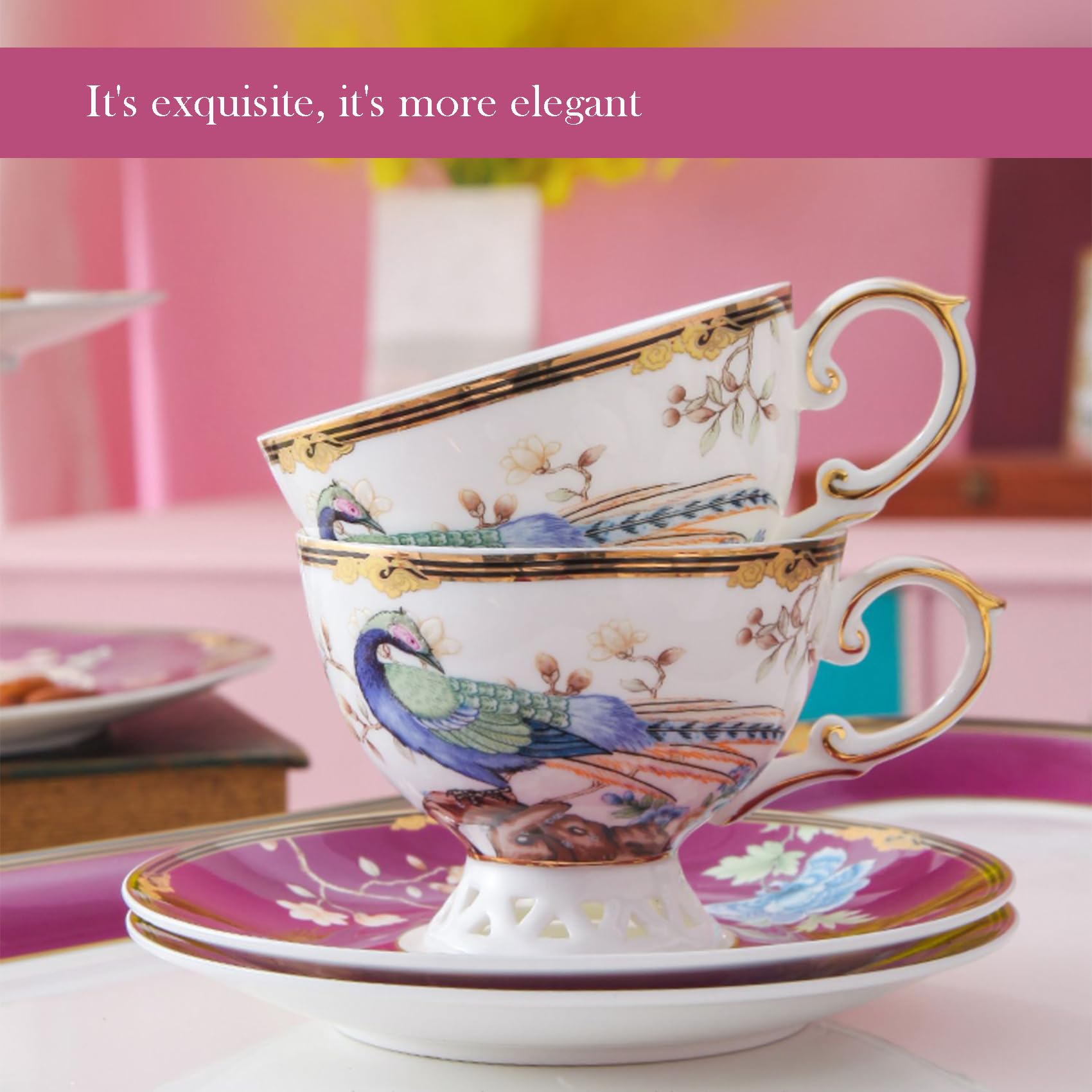 ACMLIFE Bone China Tea Set for Adults with Teapot, Porcelain Tea Party Sets 21-Piece Vintage Floral Fine Bone China Tea Set for 6, 24K Gold English Tea Sets for Women Tea Party for Gifts