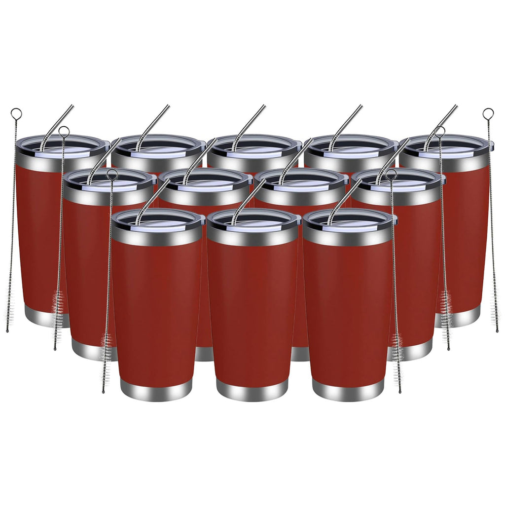 MEWAY 20oz Tumbler 12 Pack Double Wall Vacuum Insulated Travel Mug Bulk, Stainless Steel Tumblers with Lid and Straw, Powder Coated Coffee Cups for Cold & Hot Drinks (Red, Set of 12)