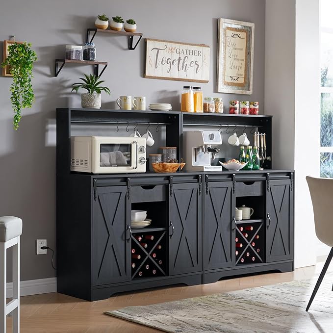 Wnutrees Farmhouse Coffee Bar Cabinet with Charging Station and USB Ports, Sliding Barn Door, 39" Kitchen Hutch Sideboard Buffet Storage Cabinet, Fits Kitchen Dining Living Room, Black
