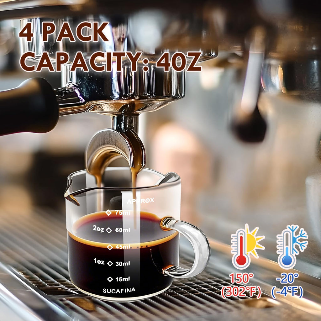 HCengTriz Espresso Cups 4-Piece set, 4 OZ Double Spout Cup with Handle, Espresso Shot Glass with V-Shaped Spout for Espresso Machine, Milk Cup (Espresso Cup Graduated)