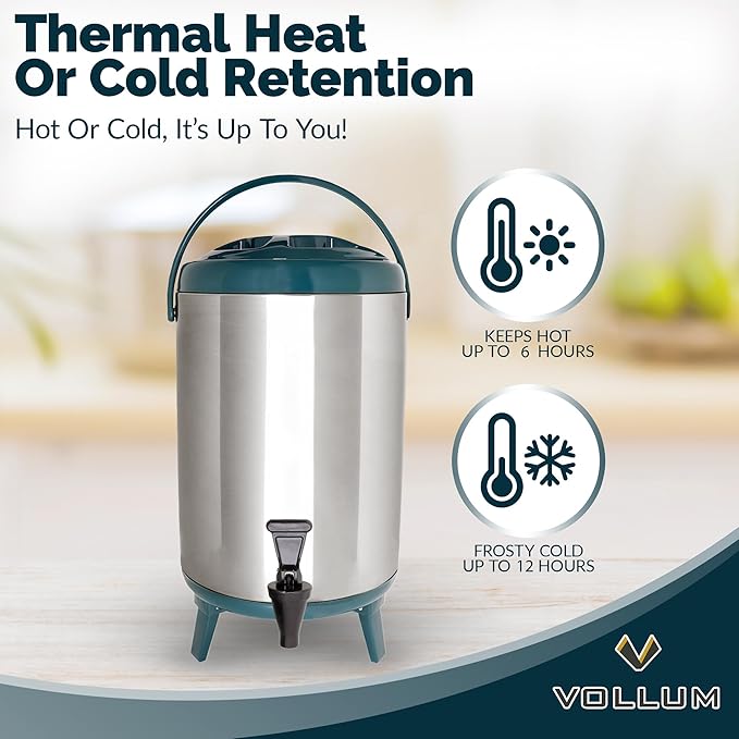 Stainless Steel Insulated Beverage Dispenser – Insulated Thermal Hot and Cold Coffee Carafe – 12 Liter Drink Dispenser with Spigot for Hot Water, Tea & Coffee, Cold Milk, Juice & More TEAL