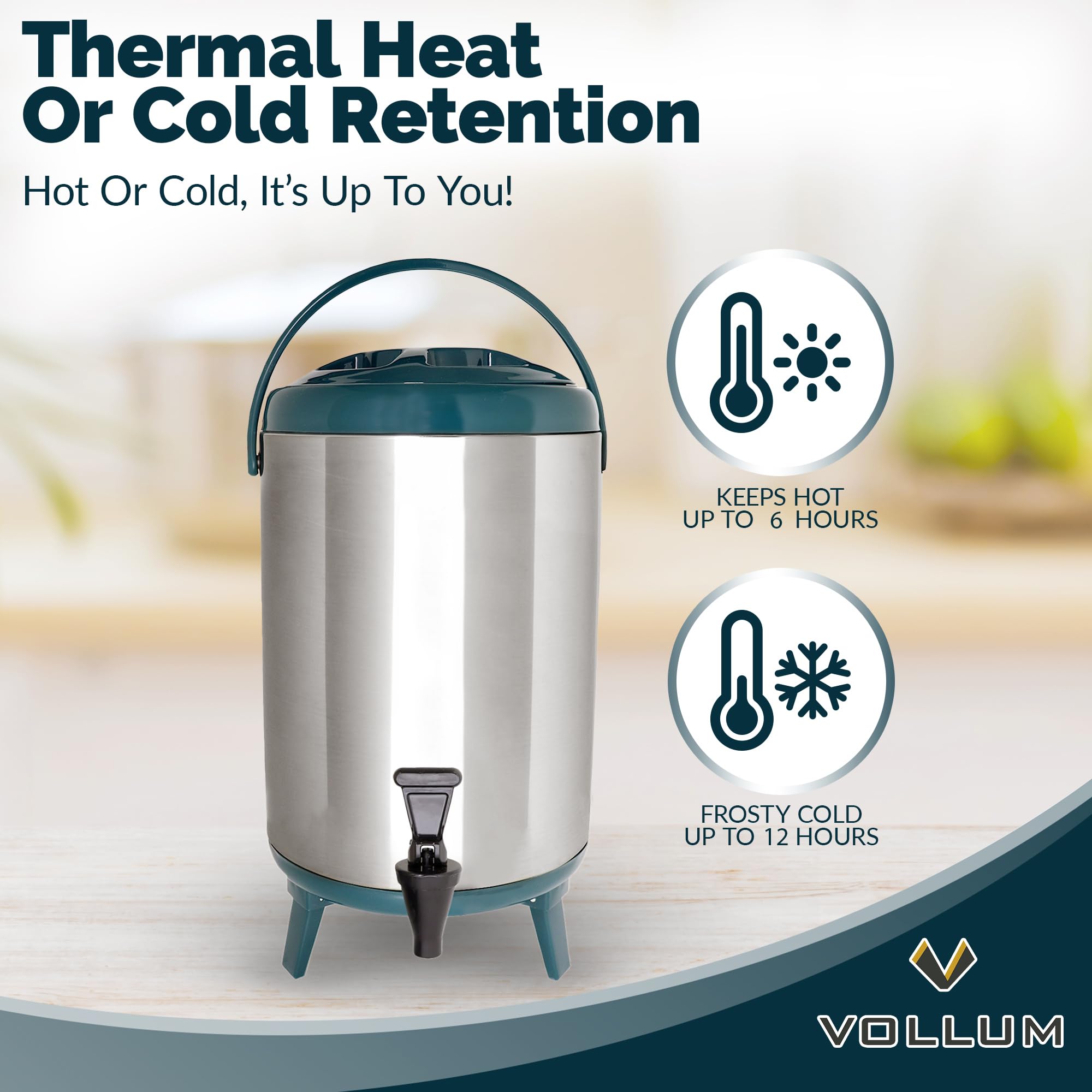Vollum Stainless Steel Insulated Beverage Dispenser – Insulated Thermal Hot and Cold Coffee Carafe – 8 Liter Drink Dispenser with Spigot for Hot Water, Tea & Coffee, Cold Milk, Juice & More TEAL