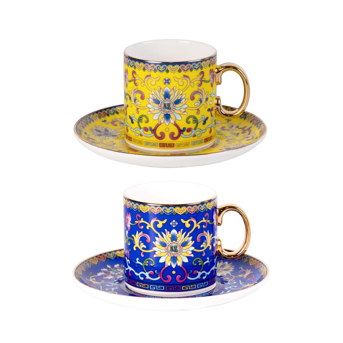 KAMMAK Tea Cup and Saucer, Ceramic Coffee Cups, 7.4 oz, Set of 2