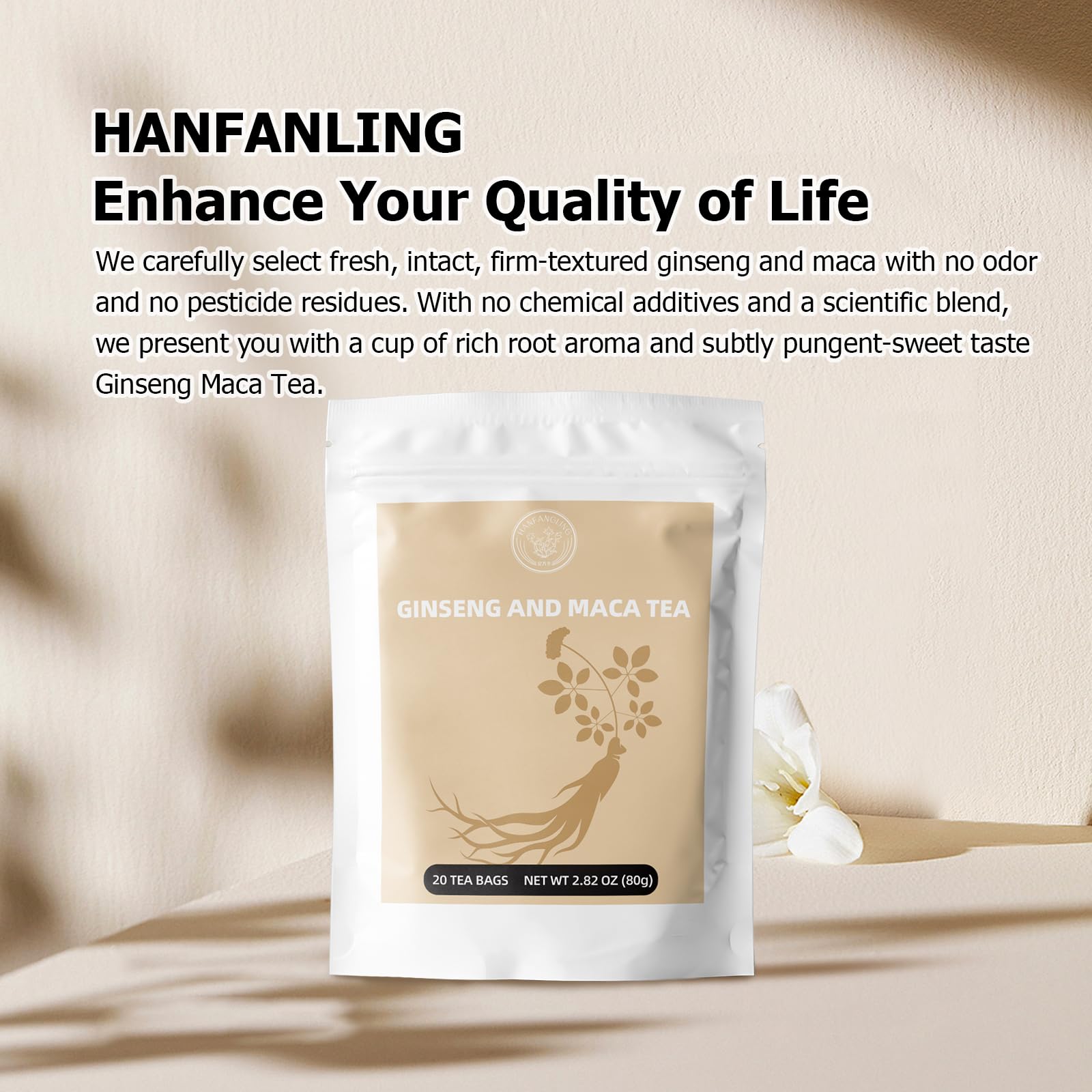 HANFANGLING Ginseng Maca Tea, Natural and Health, Caffeine-Free Herbal Tea,20 Tea Bags,1.41oz