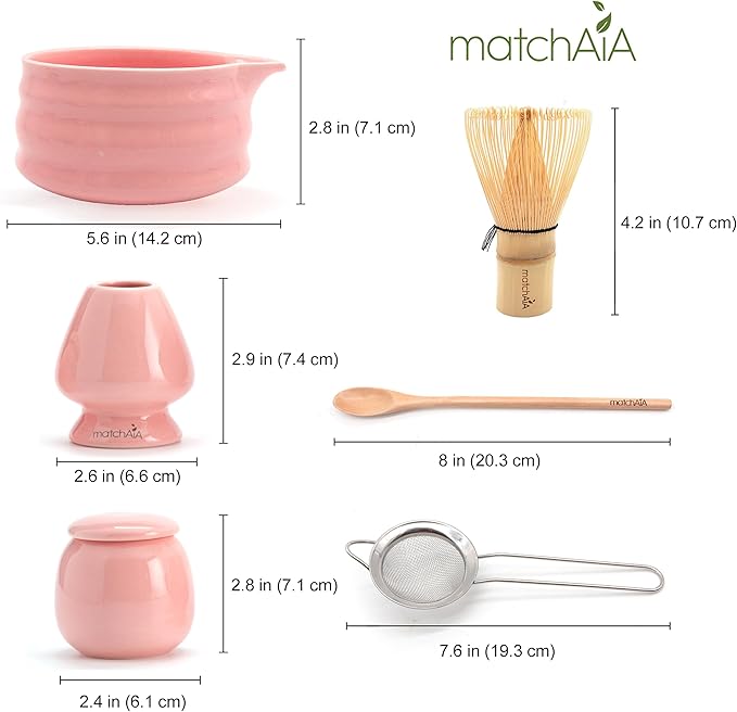 6 Pcs Matcha Set - Ceramic Bowl with Spout, Matcha Whisk with Holder, Tea Powder Canister, Sifter and Spoon, Complete Kit for Traditional Matcha, Modern Lattes, and Tea Ceremonies (Pink)