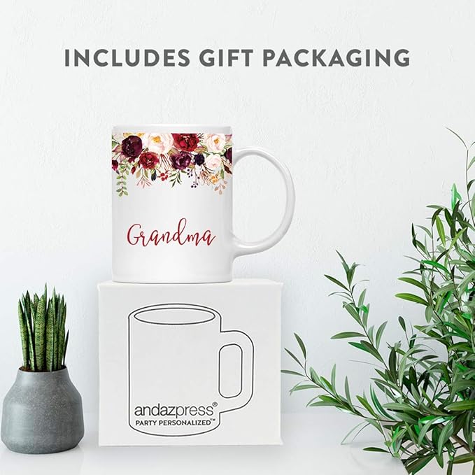 Andaz Press 11oz. Mother's Day Ceramic Coffee Tea Mug Gift, Fall Autumn Marsala Burgundy Flowers Roses Florals, Grandma, 1-Pack, Includes Gift Box, Birthday Christmas Gift Ideas