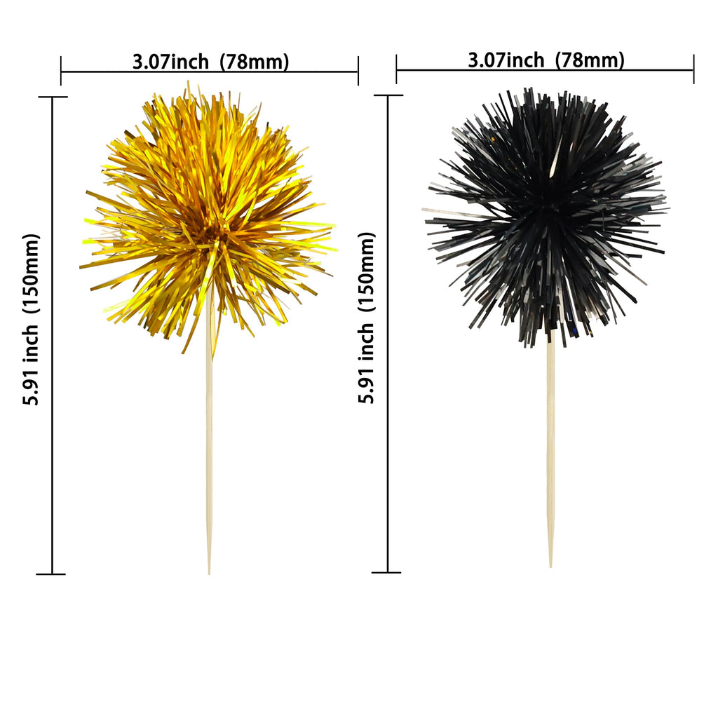 Ephlyn 30Pcs Foil Firework Cupcake Toppers Sparkle Tinsel Cupcake Picks Happy Birthday Cake Decorations Drink Stirrers Cocktail Food Toothpicks for Baby Shower Graduation Party Supplies Black Gold