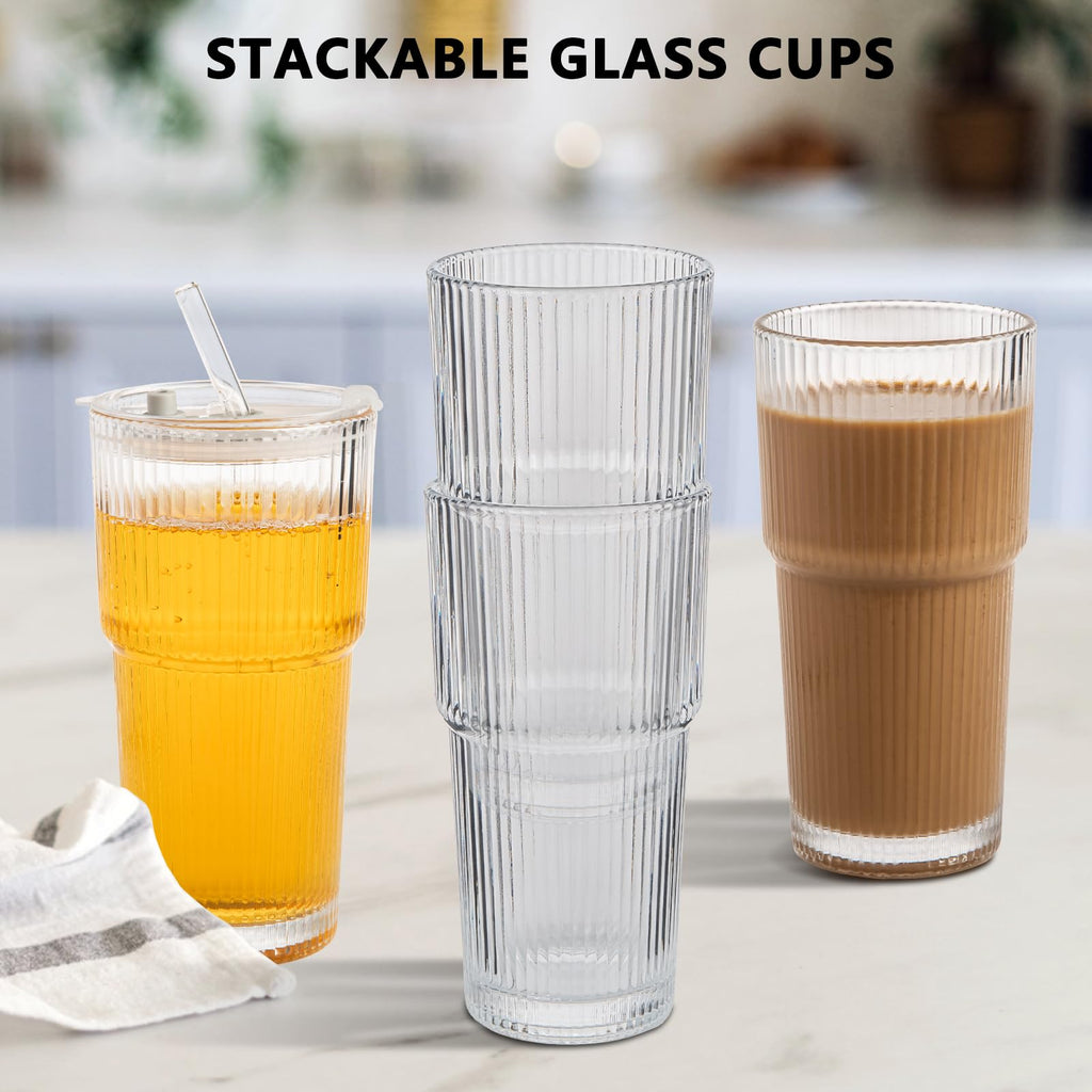 CAYOREPO 20oz Ribbed Glass Cups with Lids and Straws 2 Set, Vintage Glassware for Whiskey Cocktail Beer, Glass Tumbler, Iced Coffee Cups For Cold Drinks, Smoothie, Juice,Drinking (2)