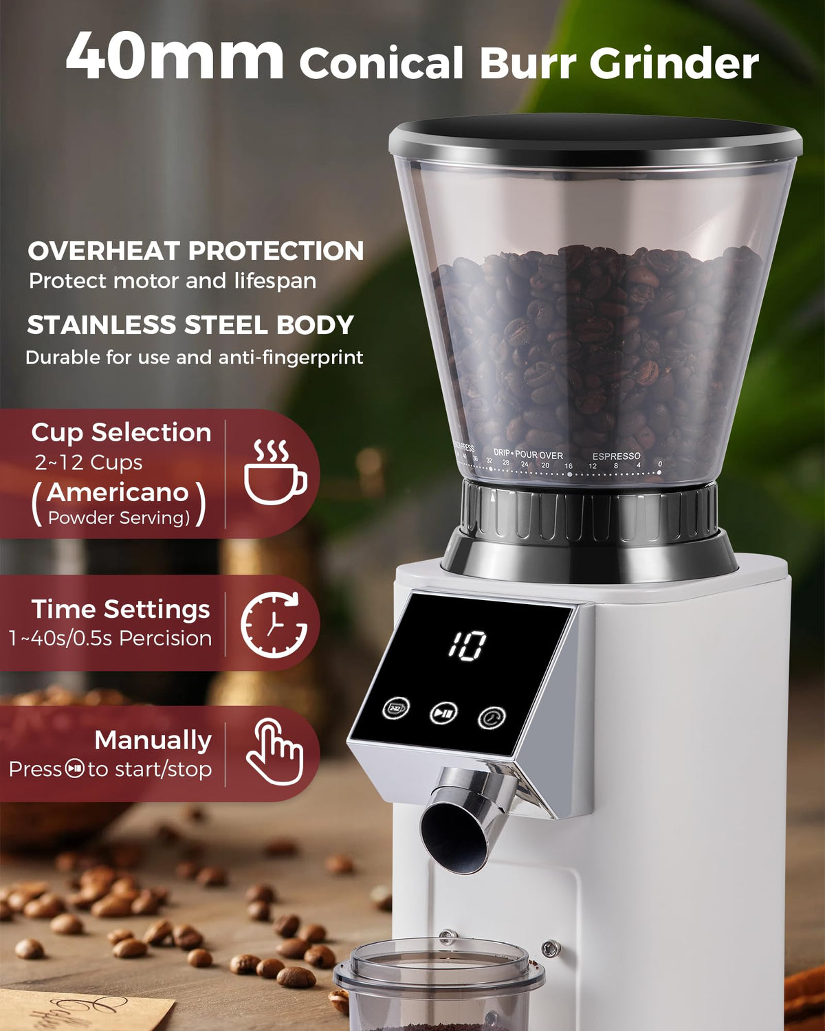 Tuni G1 Conical Burr Coffee Grinder, 48 Grind Settings, Ivory