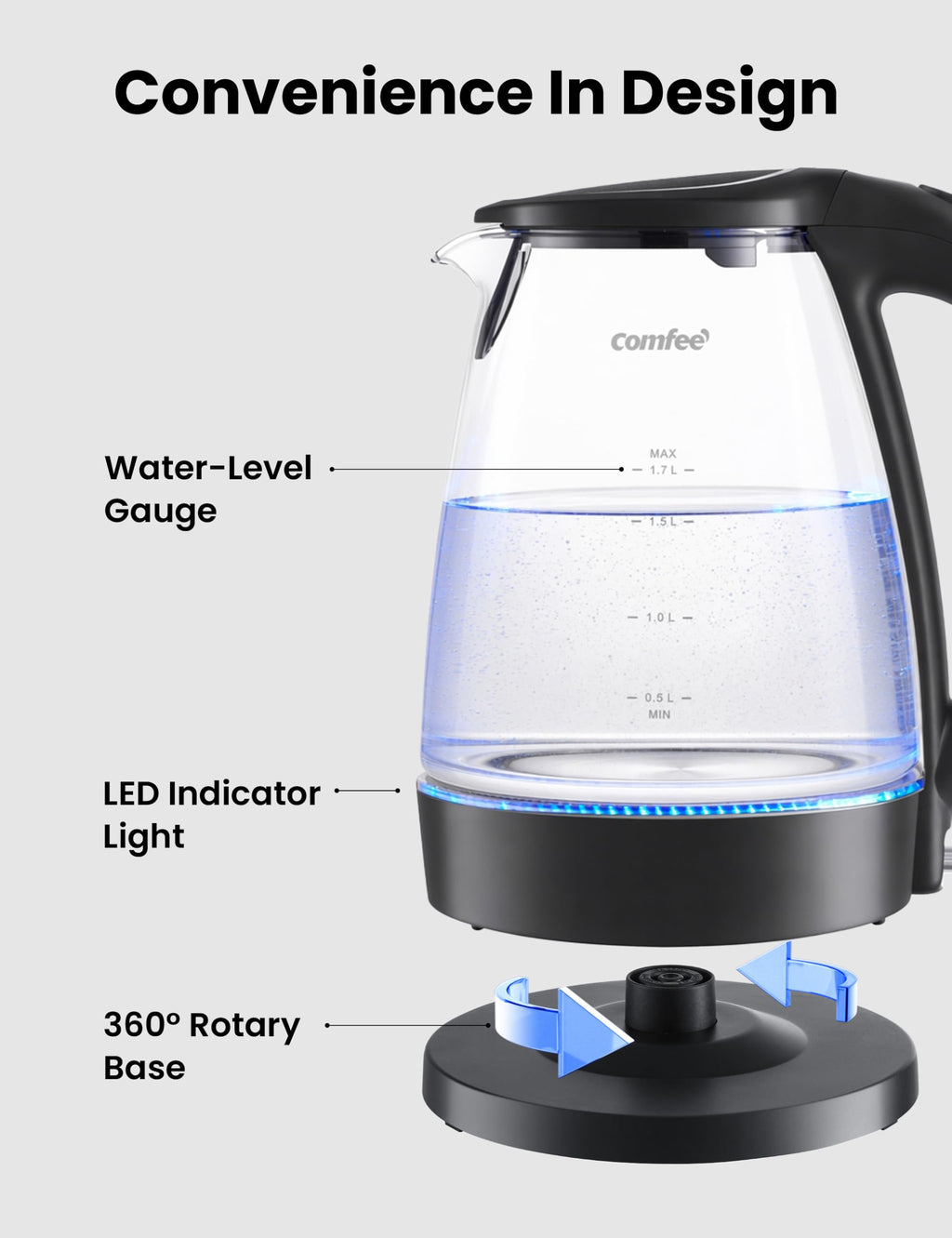 COMFEE' Glass Electric Kettle, 1.7L Fast Boil with LED Indicator