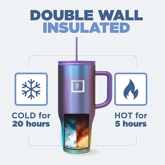 IRON °FLASK Co-Pilot Insulated Mug w/Straw & Flip Cap Lids - Cup Holder Bottle for Hot, Cold Drink - Leak-Proof - Water, Coffee Portable Travel Mug - Cashmere Cream, 32 Oz