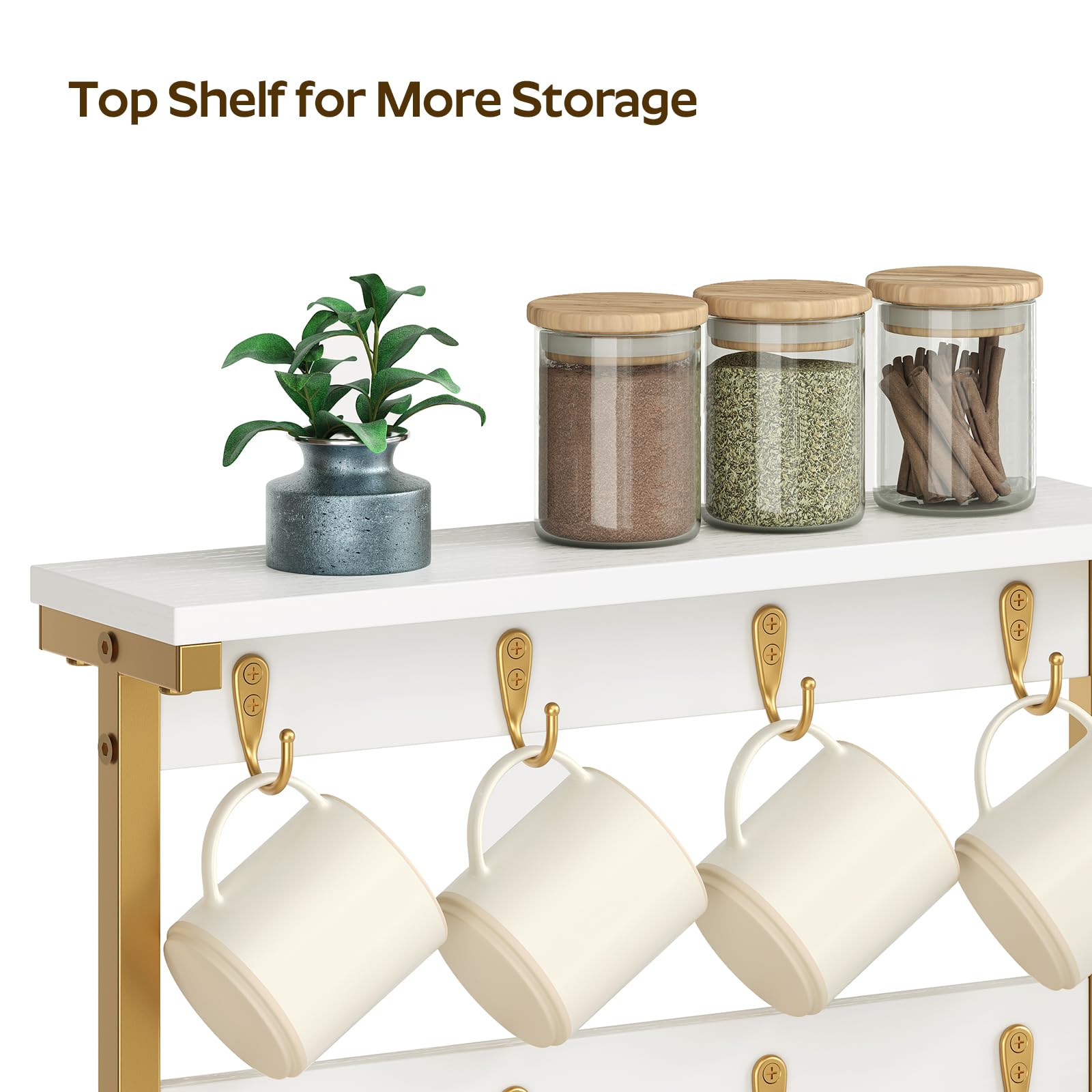 YATINEY Coffee Mug Holder for Counter, 2 Tier Mug Tree Rack, with 8 Hook and 2 Open Shelves, Vintage Mug Holder Stand for Home Kitchen, White and Gold MH43DW
