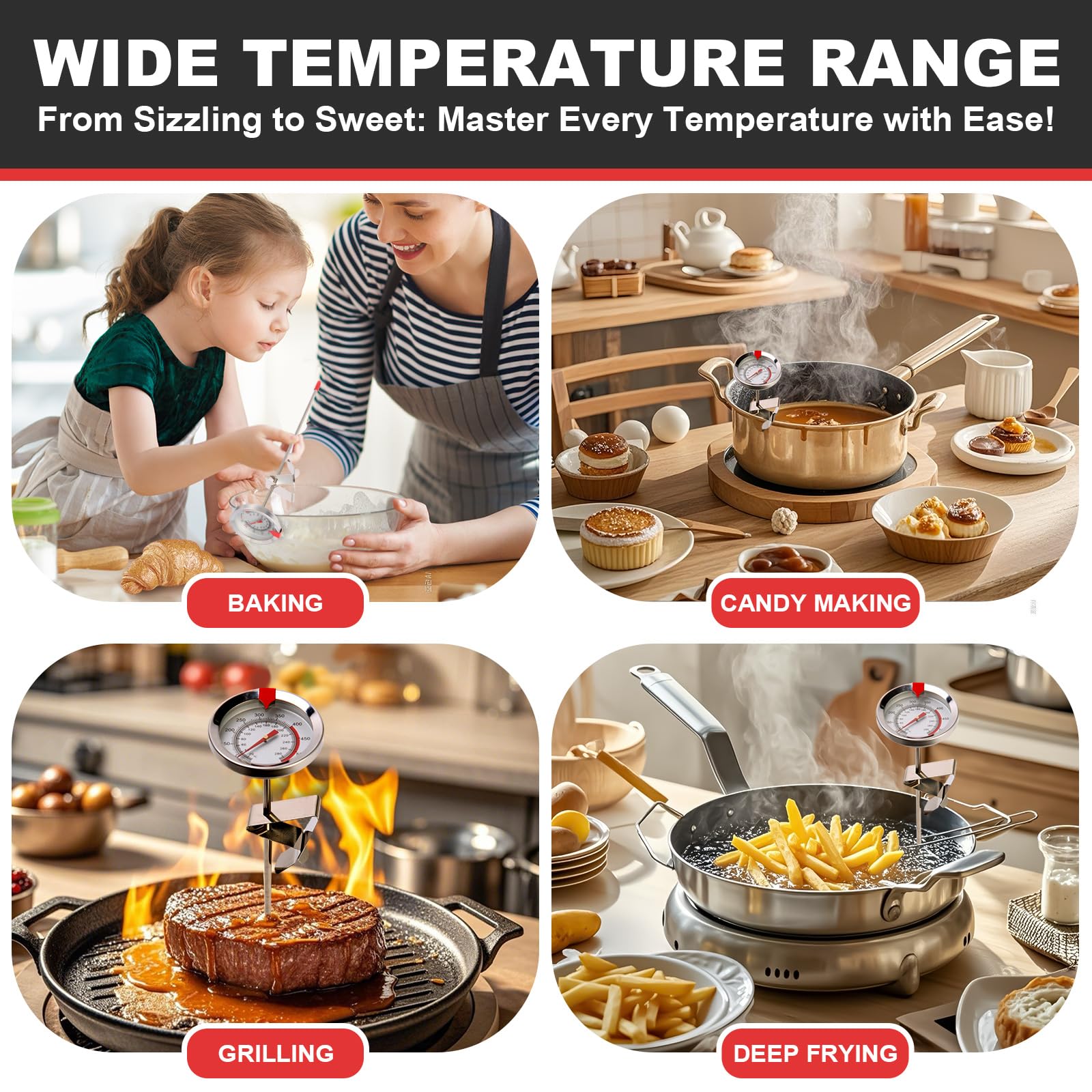 Telead Candy Thermometer Waterproof IP67 - Oil Thermometer for Frying with Clips - 9" Side of Pot Thermometer Deep Fry for Oil Candy Candle BBQ - Silver