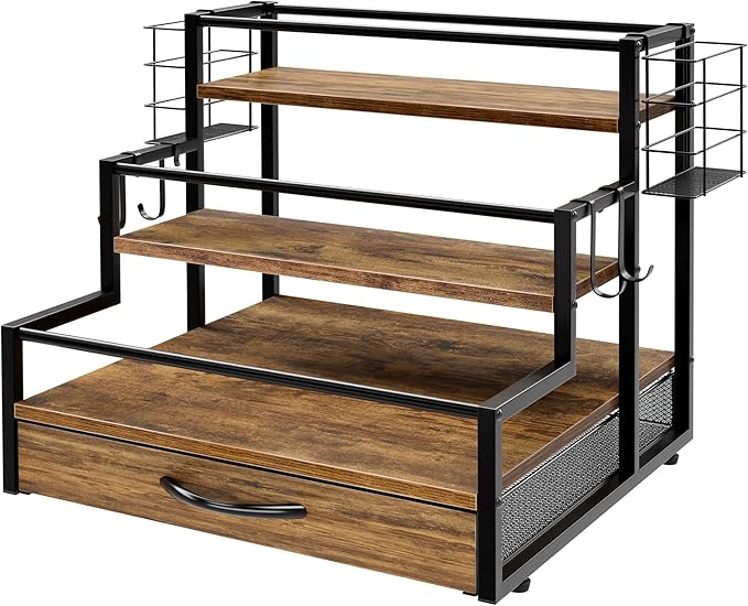 Coffee Syrup Organizer Rack, 4-Tier Syrup Bottle Holder Stand with 36 K Cup Pod Drawer Storage for Coffee Bar, 12 Bottles Storage Shelves for Syrup, Wine, Dressing for Kitchen Coffee Station