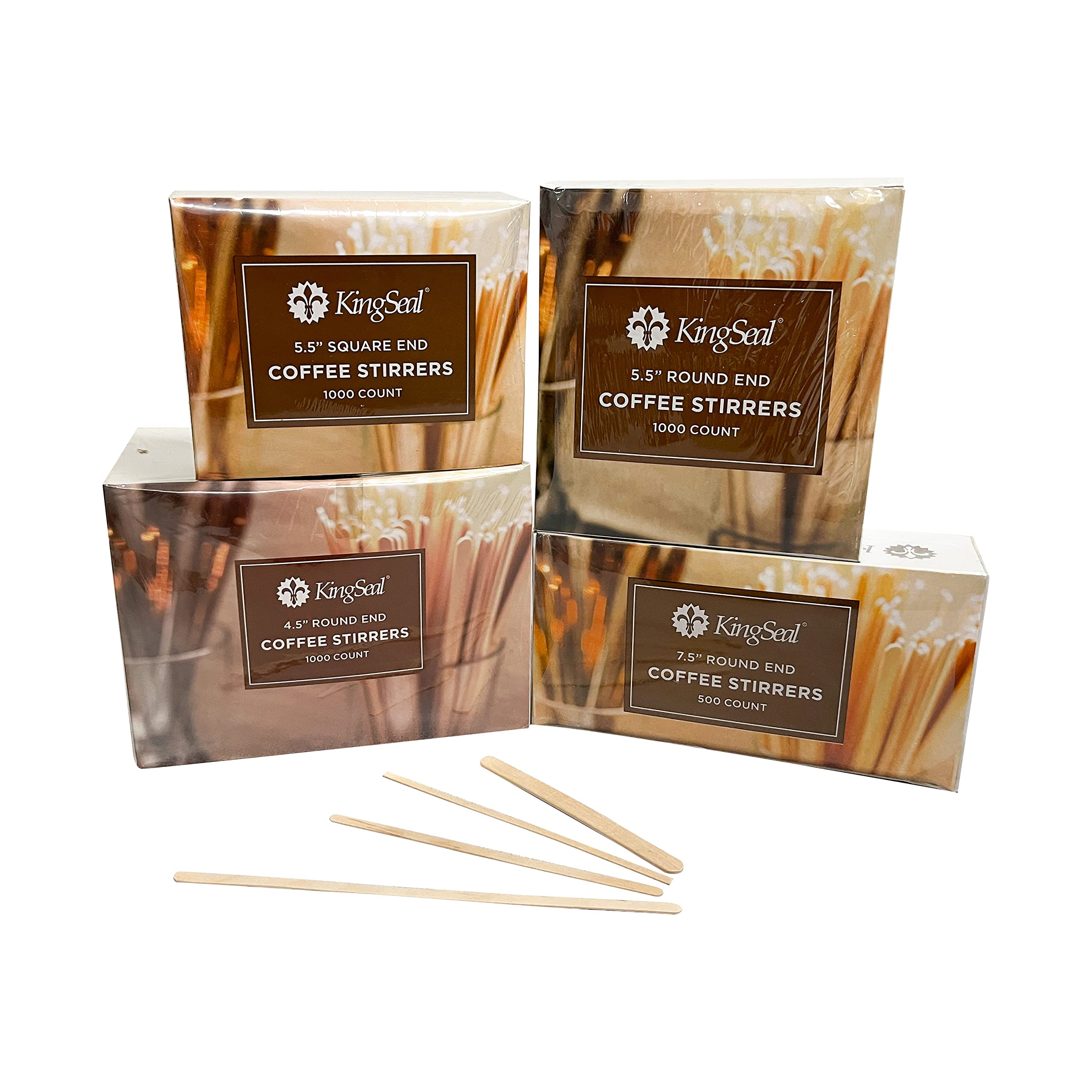 10,000 Count | KingSeal Natural Birch Wood Coffee Beverage Stirrers, Stir Sticks, Waxing Sticks, Popsicle Sticks, 4.5 Inches, Round End - 10 Boxes x 1000 Stirrers