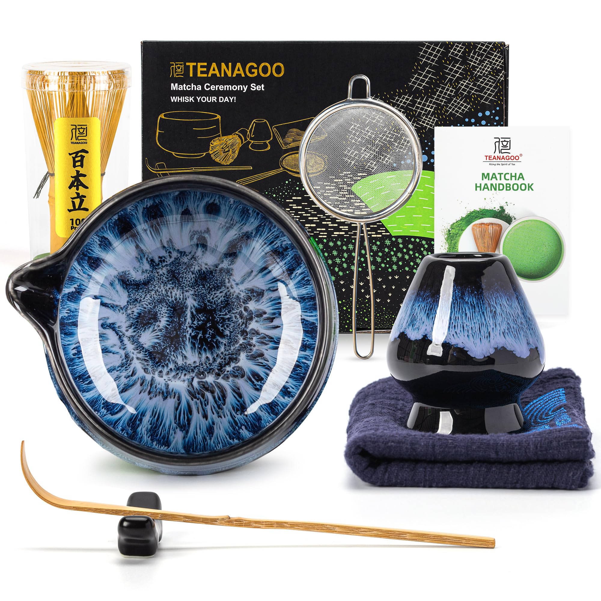 TEANAGOO 7 Pcs Matcha Whisk Set,Matcha Set for Ceremony,Matcha Kit Junware-Blue,Matcha Tea Set for Making Breakfast/Latte,Ceramic Bowl(chawan) whith Spout and Whisk,Gift for Matcha Lover