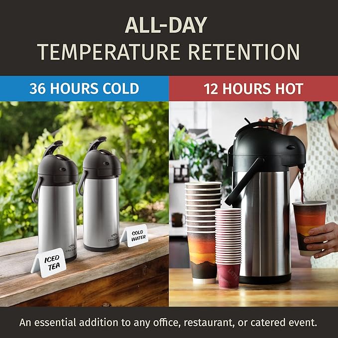 Cresimo Coffee Carafe with Pump - 102oz / 3L Airpot 12 Hours Large Hot Water Carafe, Cocoa Dispenser for Parties - Tea Flask, Insulated Stainless Steel Air Pots for Hot Beverage Dispenser -Coffee Pump