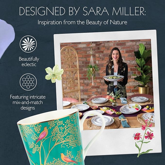 Portmeirion Sara Miller Chelsea 12oz Tea Cup, Emerald Green - Fine China Coffee Mug with Hummingbird Motif - Elegant Tea Party Cup for Afternoon Tea Moments - Great Gift for Her/Mother