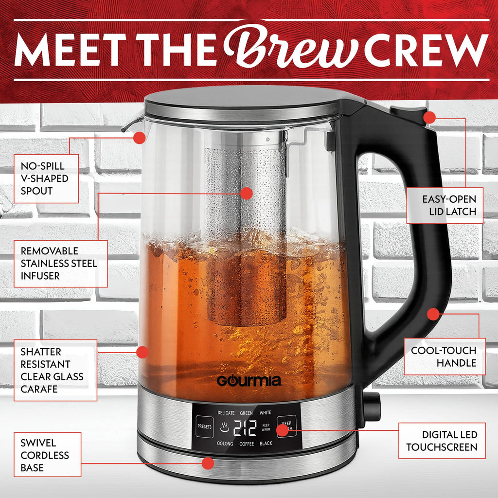 Gourmia Electric Glass Kettle - 1.7L Capacity, Digital Display, Black